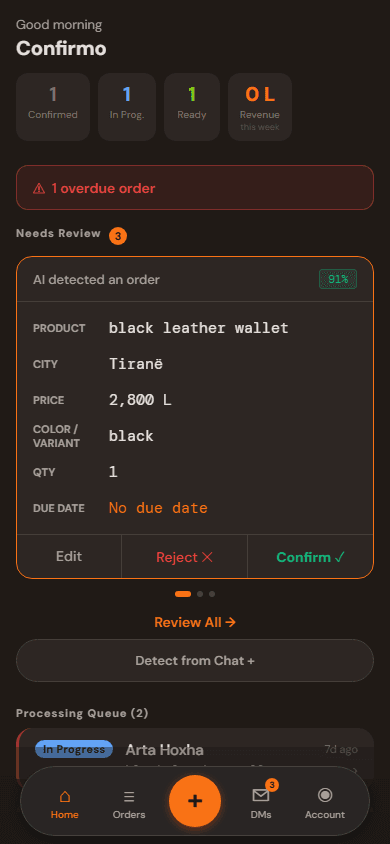 Confirmo home screen showing AI-detected order cards