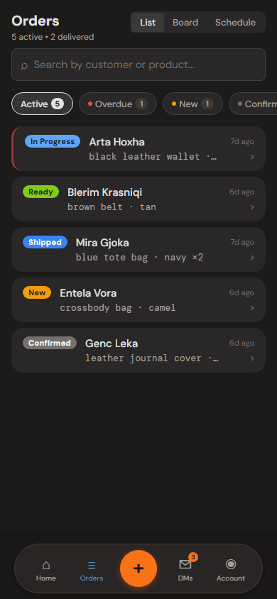 Confirmo orders list with status badges and search